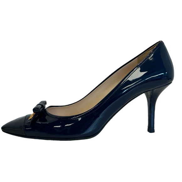 Prada Patent Leather Heels Blue Black Pointed Toe Bow Accent Size EU IT 40 US 10 - Picture 11 of 17